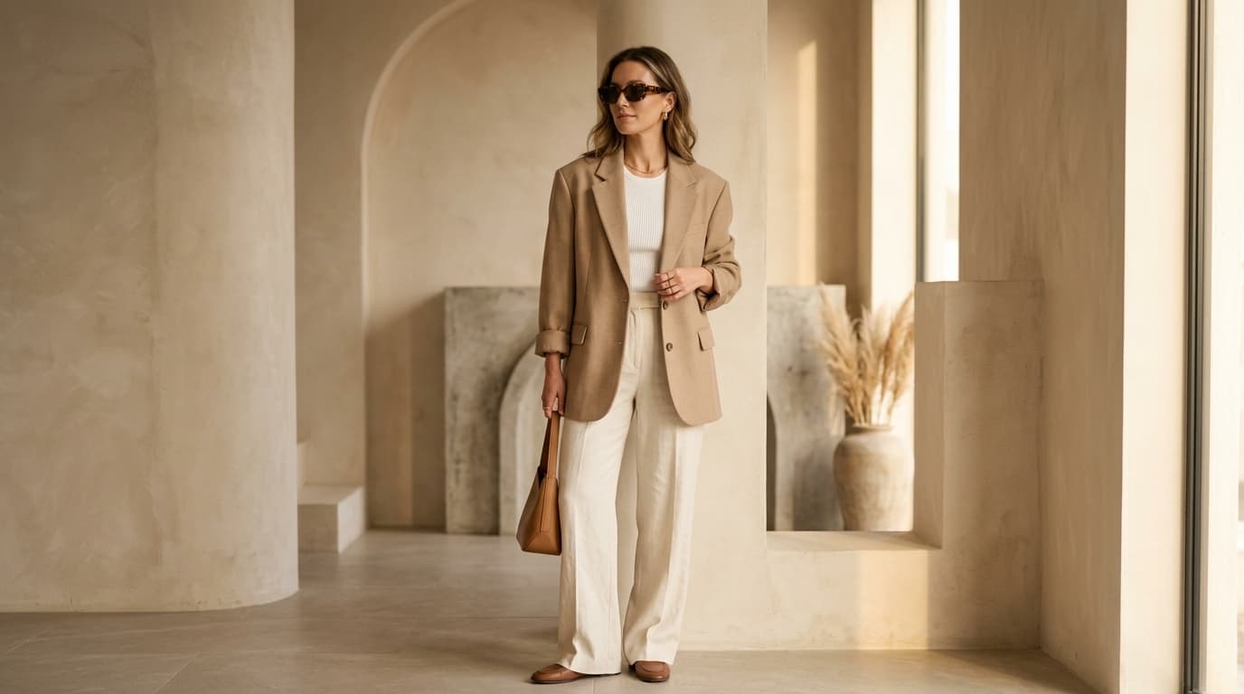 Chic woman in tailored camel blazer and trousers — Ozesta New Collection