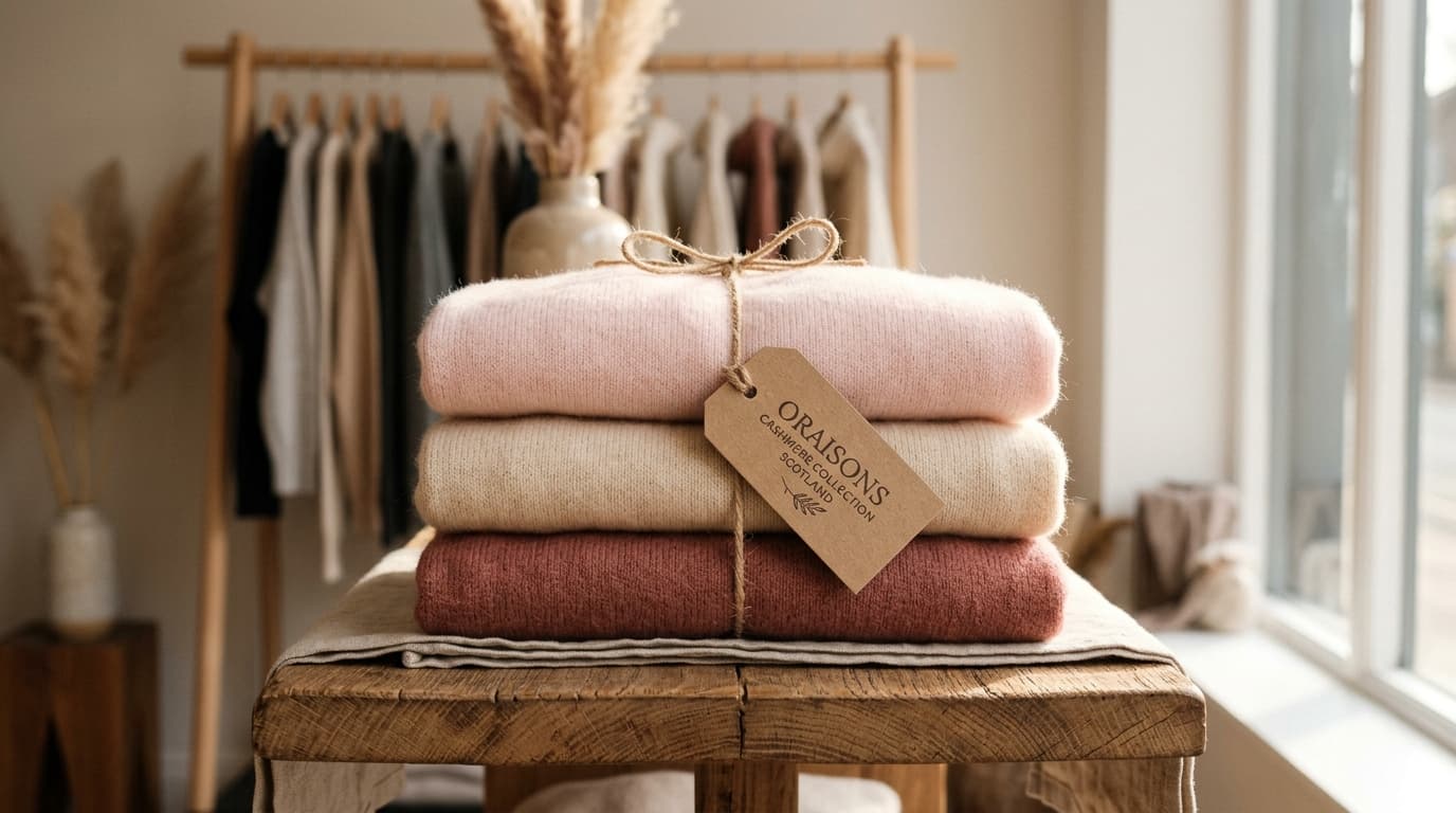 Cozy folded cashmere sweaters with gift tag — Ozesta seasonal sale